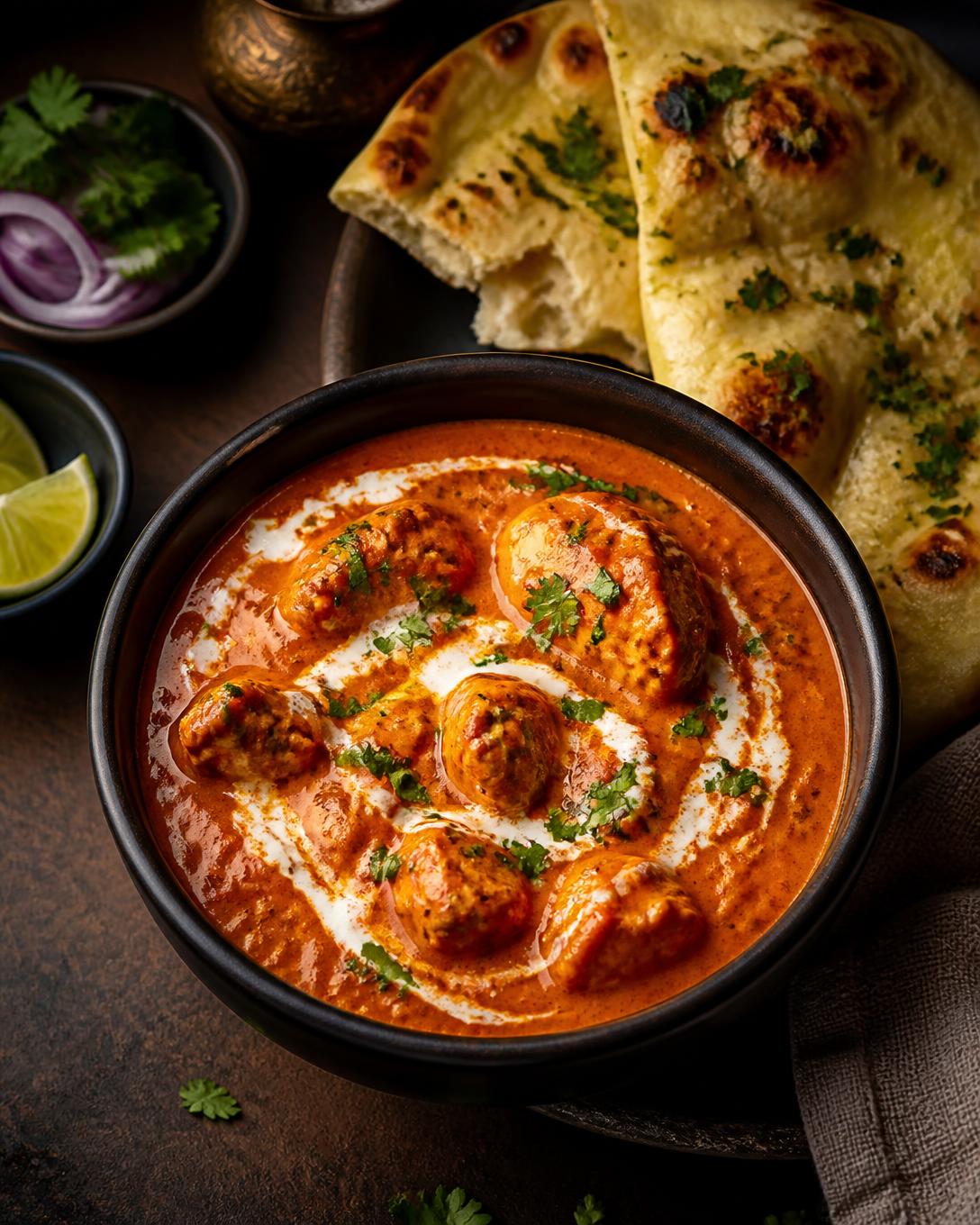 Butter chicken in a dark ceramic bowl beside torn garlic naan