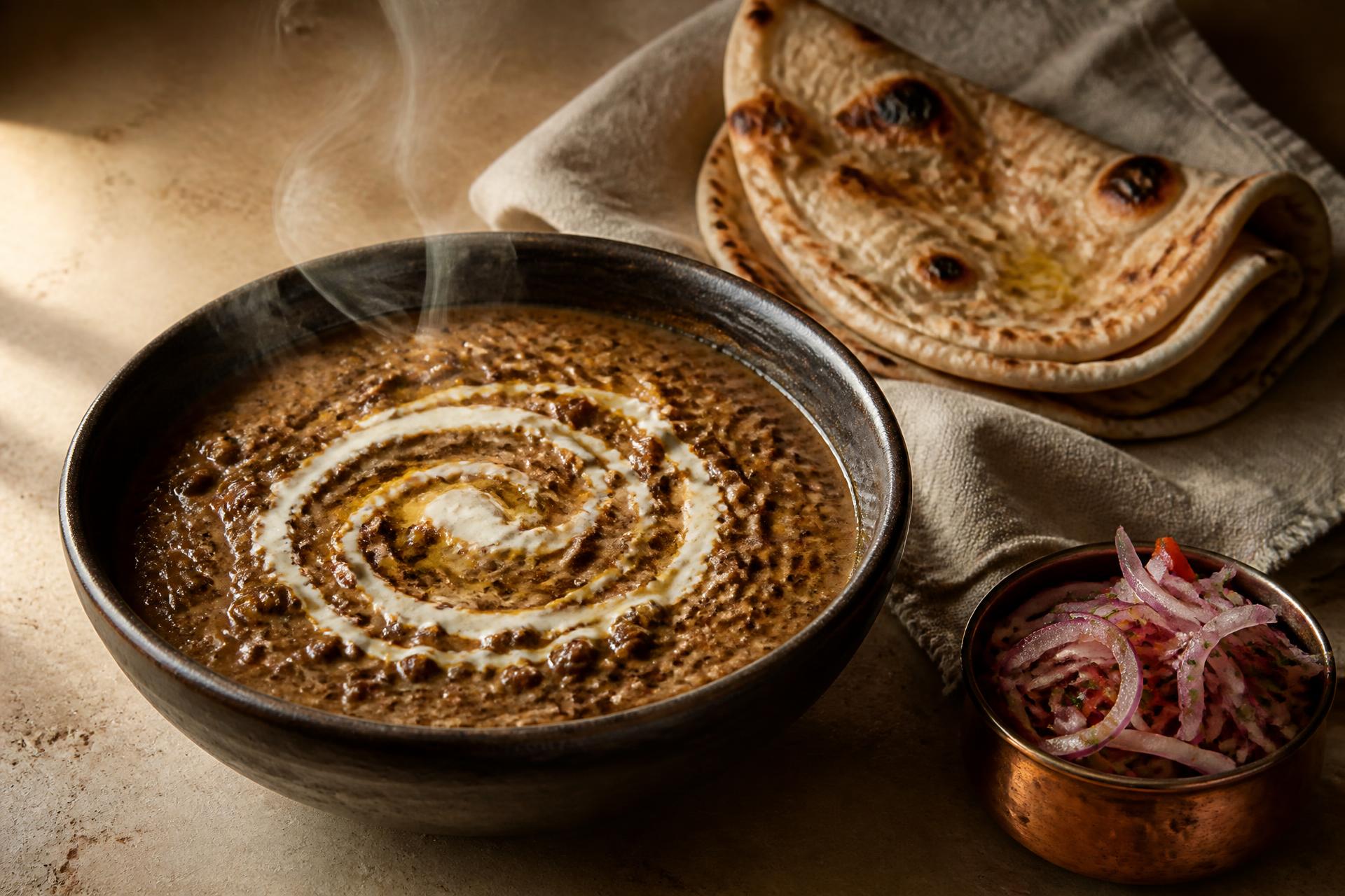 Slow-cooked dal makhani with cream, warm tandoori roti and onion salad on a stone table