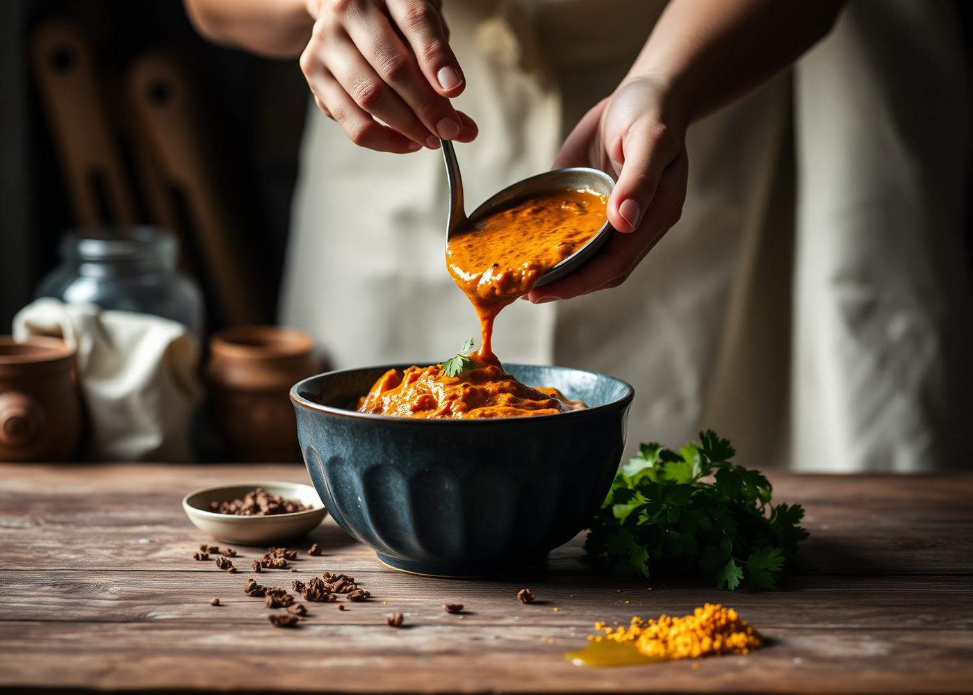 Curry being ladled into a bowl in a warm kitchen
